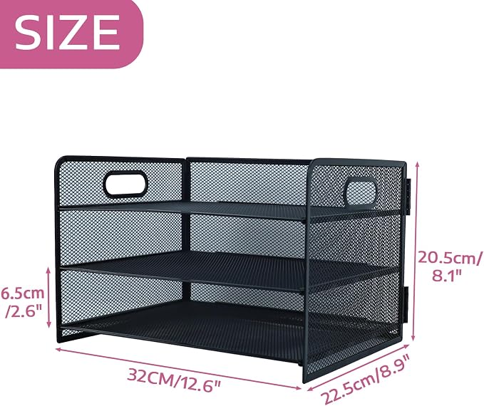 3 Tier Lettrer Tray Organizer with Handle, Metal Mesh Desk File Organizer with Sliding Trays, Paper Sorter Desk for Home Office School, Black