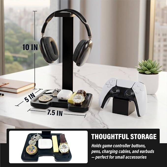 Gaming Accessories Headset Stand with Game Controller Holder & Storage Base, Stylish Gamer Gifts for Men Teenage Boy Headphone Stand, Unique Gifts for Gamers to Organize Gaming Equipment (Black Wood)