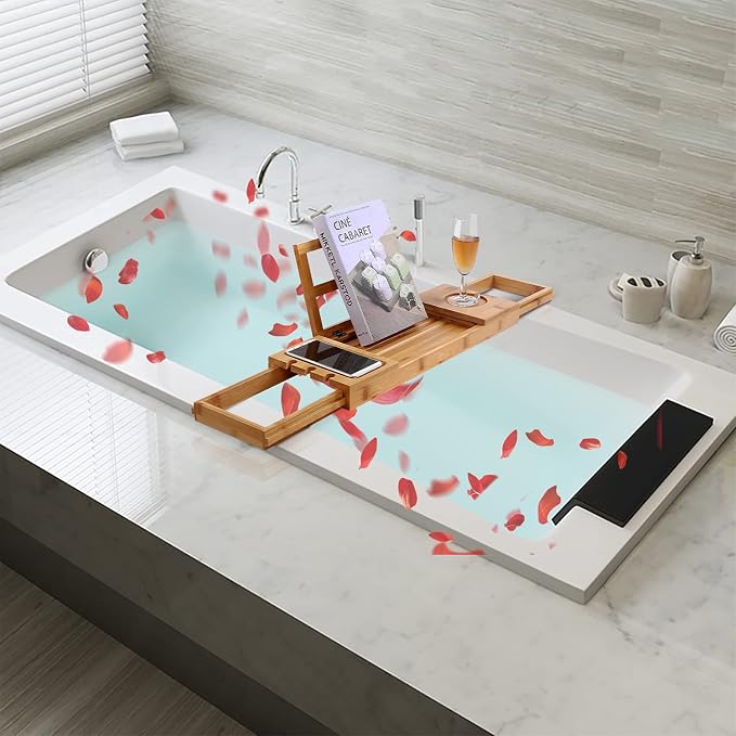 Utoplike Bamboo Bathtub Caddy Tray Bath Tray for Tub, Adjustable Bathroom Bathtub Organizer with Book Tablet Wine Glass Cup Towel Holder