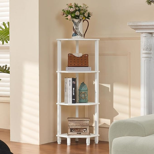 YUFAM 4-Tier Corner Shelf with Sturdy 5-Leg Base, Wooden Corner Bookshelf for Small Spaces, Corner Standing Shelf for Living Room, Bedroom, Office, White