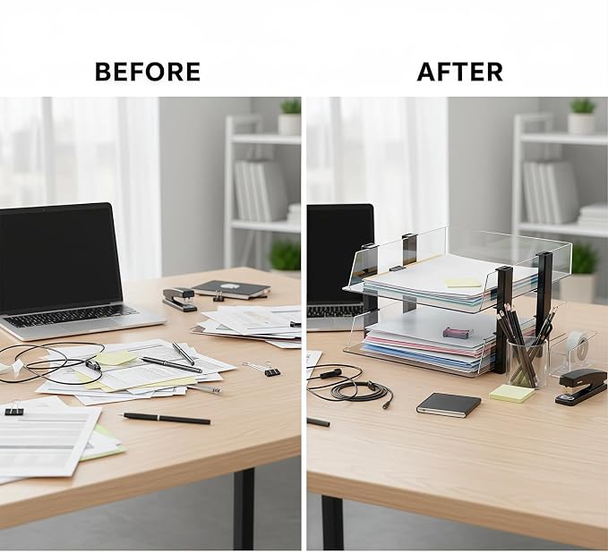 Clear Stackable Paper Tray, 2-Tier Desk Organizer for Office | Clear 2-tier stackable tray. Fits A4/Letter. Office desk storage for home/school. Easy access.