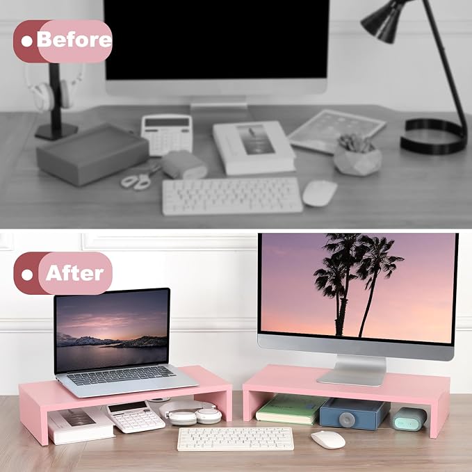 TEAMIX Pink Monitor Riser-20L inch, Wood Monitor Stand for Desk, Sturdy TV/Screen/PC/Printer/Laptop Riser,Computer Shelf with Storage TV Holder for Home Office (Pink, 20 inch)
