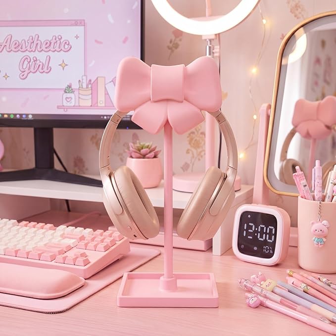 Wesiti Pink Bow Headphone Stand Cute Curved Headphone Holder with Storage Tray Pink Coquette Gaming Headset Holder for Desk Space Saving Organizer Desktop for Women All Headset Home Office Setup