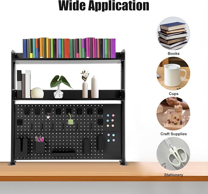 Clamp on Desk Organizer Shelf with Pegboard, Multipurpose Desktop Hutch Desk Bookshelf Desktop Bookcase Storage Rack Display Shelf for Home Office Dorm, Study Rooms, Bedrooms (Black)