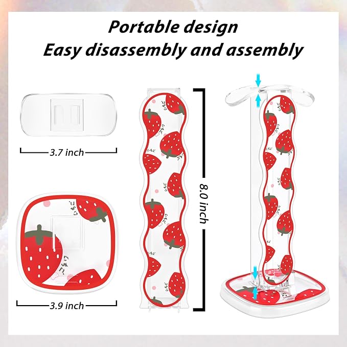 CamyCosy Headphone Stand Gaming Headset Holder for Desk,Clear Pretty Strawberry Flowers Pattern Cellphone Stand Earphone Stand Desk Accessories for All Headphones Size