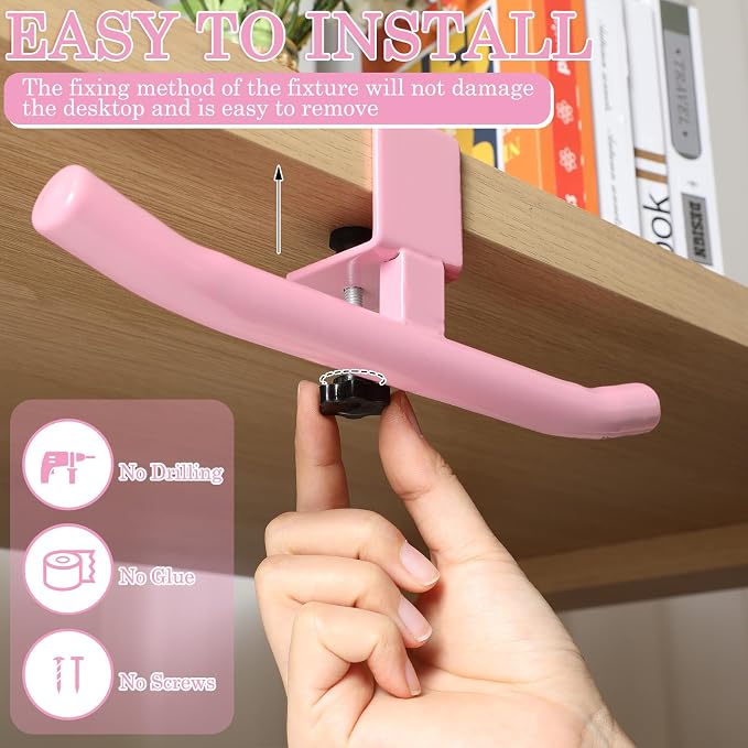 Geelin Bag Hook for Desk Table Heavy-Duty Backpack Hanger Clamp On Purse Holder Adjustable Under Desk Bag Hook for Headphones Handbag Hanger for Classroom Dorm Back to School(Pink)