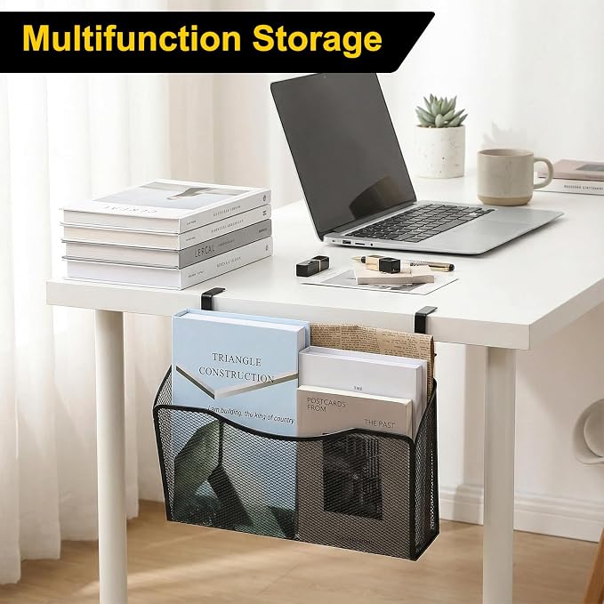 Clamp On Desk Organizer, 2-IN-1 Under Desk Side Organizer Storage Hanging Wall Mounted File Holder Under Desks Drawer Mesh File Organizers for Office Home Room Storage Basket