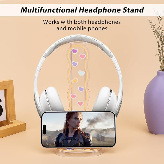 CamyCosy Headphone Holder for Desk, Gaming Headset & Earphone Stand - Clear Love Hearts Pattern Desk Accessory