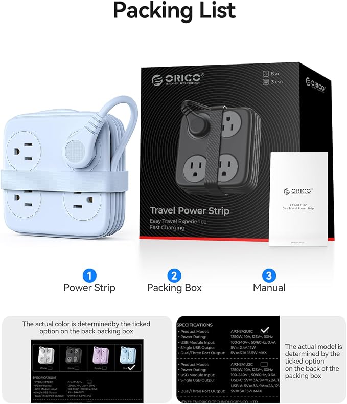 5 Ft Extension Cord with 3 USB Ports, ORICO Power Strip for Desktop, 4 Side Outlet Extender(8 AC) & Flat Plug, 11 in 1 Charging Station for Home/Office/Dorm - AP3 PRO