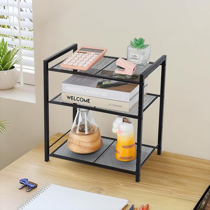 Desktop Shelf Organizer, 3-Tier Office Storage Rack, Adjustable Metal Bookshelf for Top of Desk, Desk Organizer for Office, Home, Dorm and Small Spaces (Black)