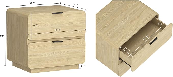Manhattan Comfort Chrystie Fluted Nightstand 26" Bedside Table with 2 Full Extension Drawers, Rounded Corners, Wood Grain Finish, and Metal Handle Side Table for Bedroom or Living Room in Natural Oak