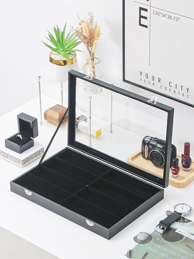Jewelry Sunglasses Organizer Tray, Black Velvet Eyeglasses Display Tray Box, Glasses Organize Storage Holder for Home Desk or Selling Show Display (with Lid)
