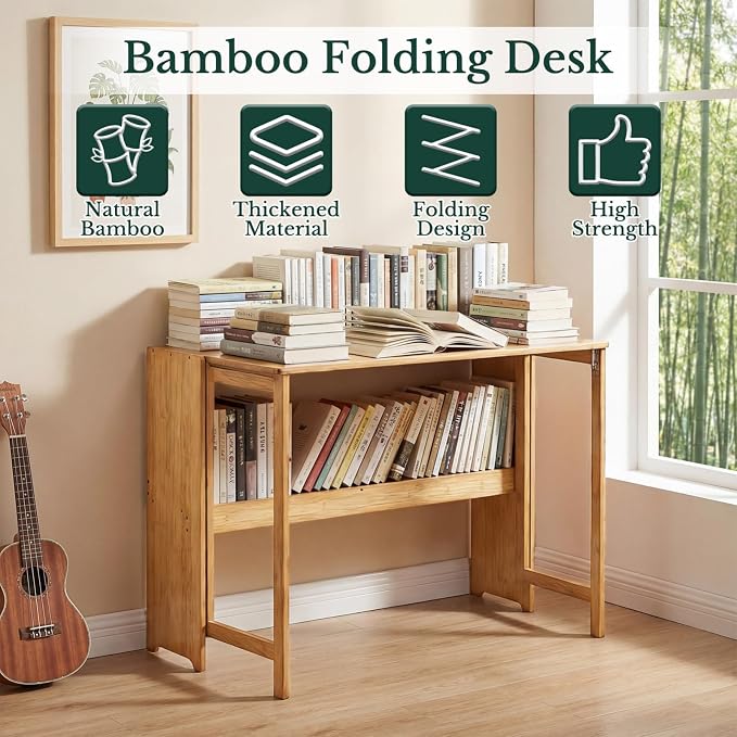 41'' Bamboo Folding Desk with Bookshelf, Space-Saving Computer Desk, Mid Century Modern Foldable Study Table for Home Office, Bedroom, Small Spaces - Primary Color