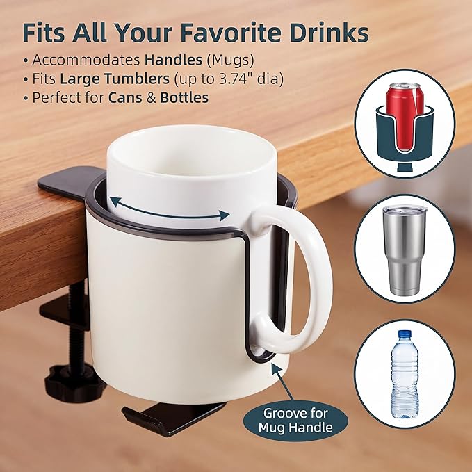 GUNKING Luxury 2-in-1 Anti-Spill Cup Holder with Under Desk Headphone Hanger (White)