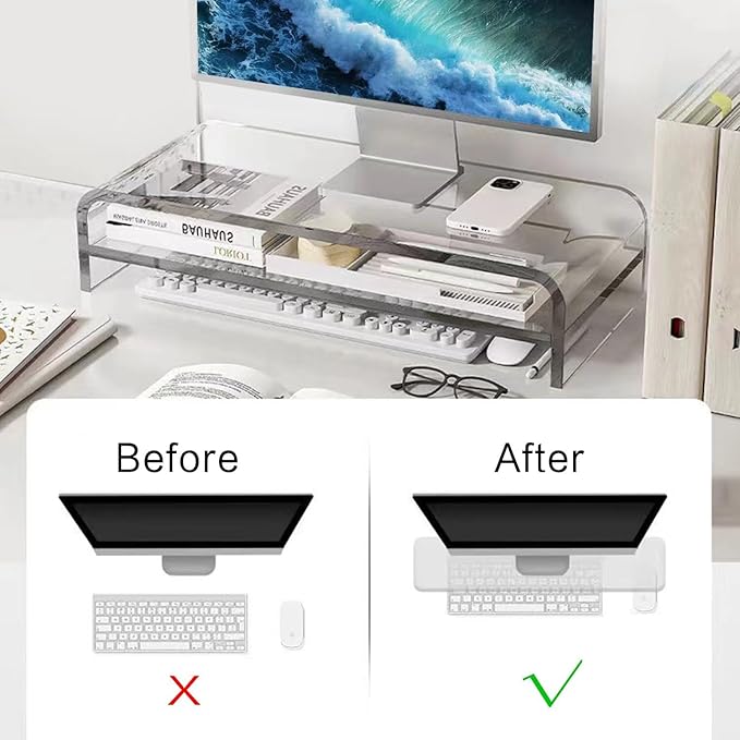 Acrylic Monitor Stand, 16 inch 2 Tier Computer Monitor Stand Riser | Computer Monitor Riser, Compatible with iMac, PC, Desktop, Laptop, TV Screen, Extra Storage Space, Home Office