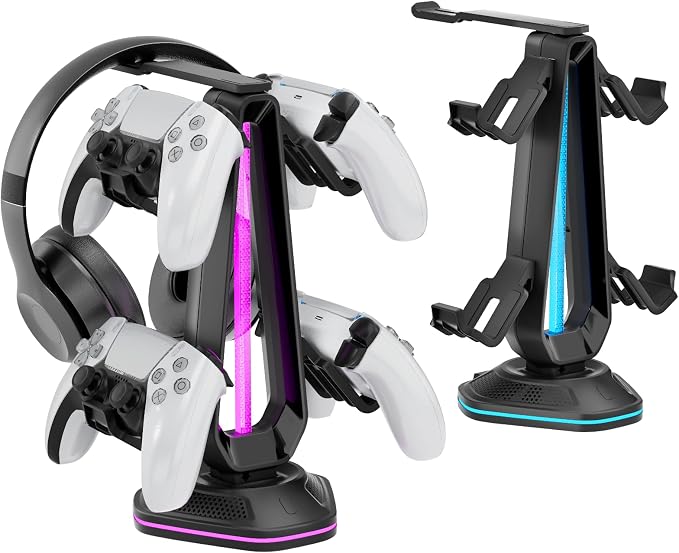 Saitake RGB Controller Holder with 9 Light Modes,Controller Stand with 2 USB Ports,Headset Stand for Desk-Headphone Holder Suitable for Xbox PS4 5 Switch Controllers Gaming Room Deco