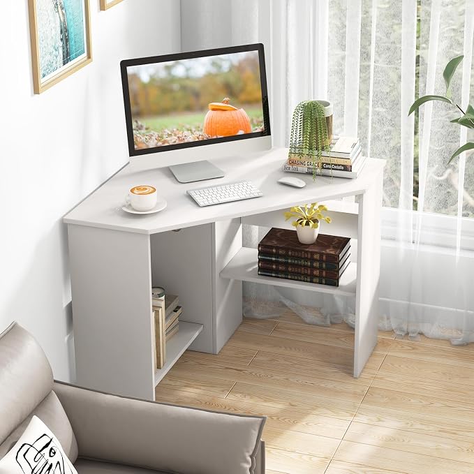 LDAILY Moccha Corner Desk, Space-Saving Computer Desk for Small Spaces, Vanity Desk with Storage Shelves & 2 Cable Holes, for Home Office, Living Room, Bedroom (White)