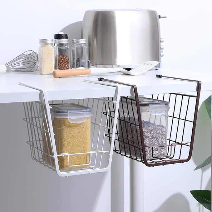 PRETYZOOM 2 Pack Under Shelf Wire Basket, Under Cabinet Hanging Metal Storage Basket, Space-Saving Organizer Solution for Kitchen, Bathroom, Bookshelf, Office, Desk (10x6.5x8 inch)
