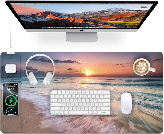 Wireless Charging Mouse Pad, 31.5"x15.8" Large Gaming Desk Mat for Keyboard/Laptop, Waterproof Ultra-Smooth Surface, Non-Slip Base, Beach Sunset