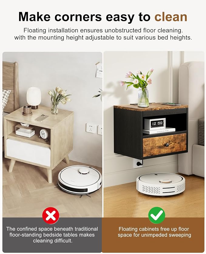 Floating Nightstand with Charging Station,Modern Bedside Table with Drawers and Extension Panel, Small Wall Mounted Nightstands for Bedroom Room，Floating Sofa Side Table（ Rustic Brown