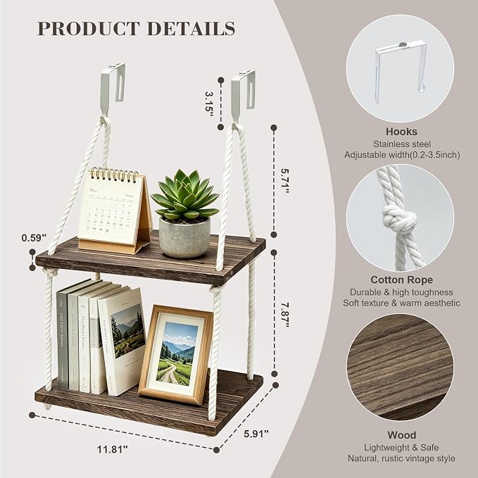 2 Tier Cubicle Shelf Hanging - 11.8 Inch Office Cubicle Wall Shelf with Rope Adjustable Hooks, Office Desk Accessories for Office Decor, Organizer, Storage in Workspaces(Brown)