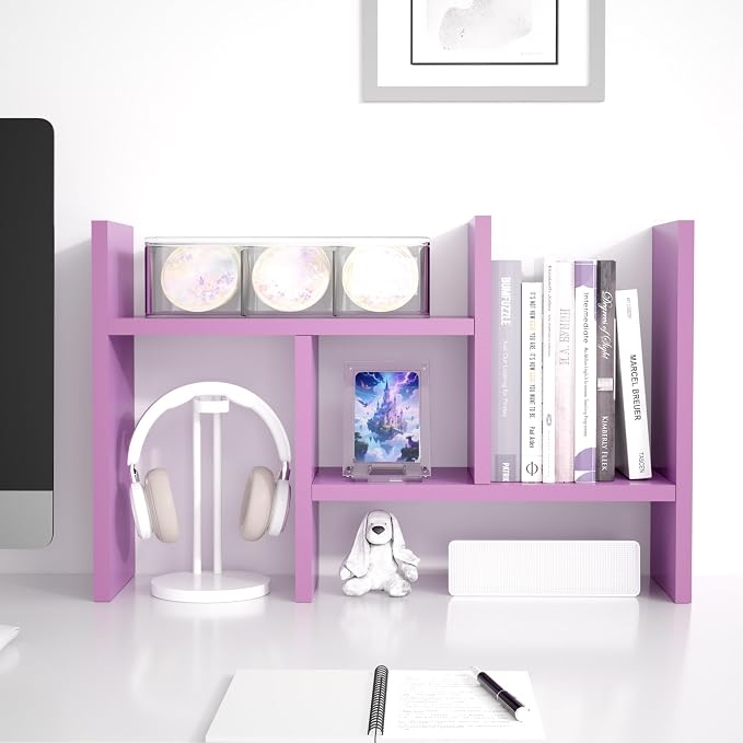 Jerry & Maggie Desktop Organizer Office Storage Rack Adjustable Wood Display Shelf Free Style Double H, Multi-Functional Mini Bookshelf for Desk Natural Stand (Violet)