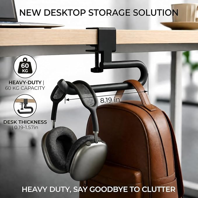 Desk Hook & Bag Hooks for Tables, Anti-Slip 60LB Heavy Duty Clamp-On Backpack Hanger, Extended Clearance Bag Holder for Desk for Office & Gaming, Adjustable (0.19-1.57in) (Black)