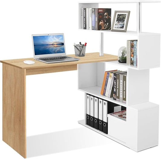 Mondeer 41.7" L Shaped Desk with 4-Tier Storage Shelves, Computer Corner Desk for Study Home Office Living Room (Oak and White)