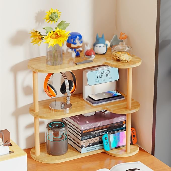 3-Tier Desktop Bookshelf Organizer, Space Saving Corner Shelf, Open Wood Frame Desk Storage Rack, Small Bookcase for Computer Desk,Dressing,Desk Hutch Dorm(Natural)