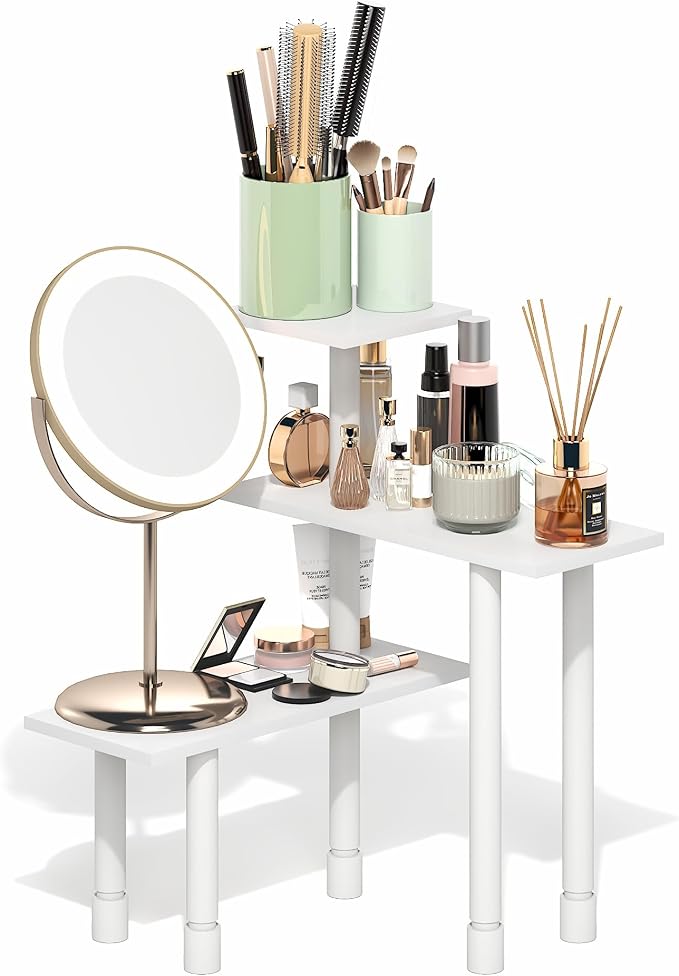 Furinno Turn-N-Tube Corner Shelf, 3-Tier Countertop Corner Organizer, Toolless Pantry Organizers and Accessories, Adjustable Table Top Shelf, for Vanity, Small Spaces, Kitchen, Bathroom, White