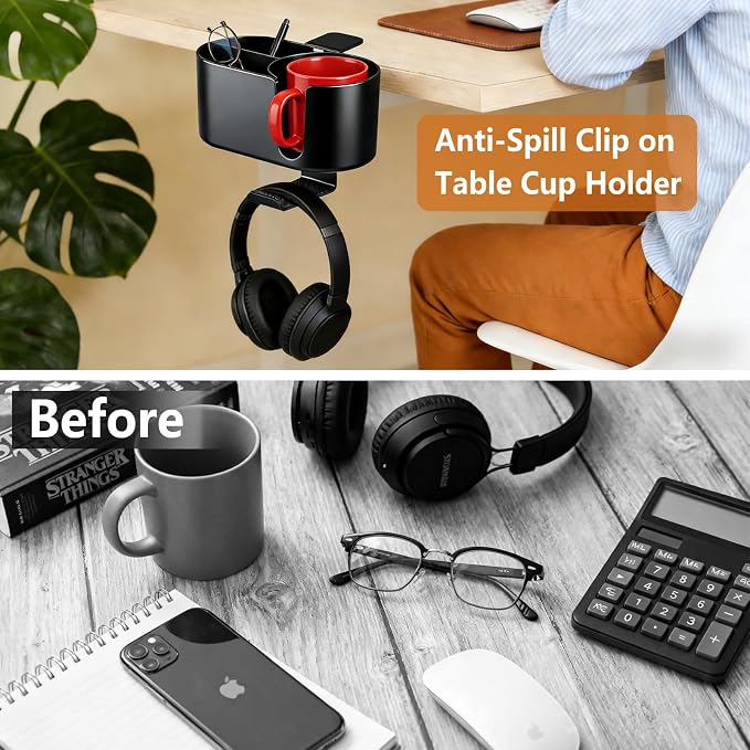 MYITYARD 4 in 1 Desk Cup Holder, Clamp On Drink Holder with Headphone Hanger, Anti-Spill Clip on Desk Organizer for Pen Phone Mug, Gaming Office Desk Accessories fits Most Desks