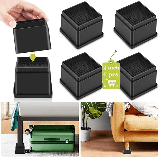 4 Pack Furniture Risers 2 Inch, Adjustable Bed Risers Heavy Duty for Table Desk Couch Chair Sofa Cabinet Bed Frame Dorm, Square Stackable Table Leg Risers Lift Height 2" or 4", Black
