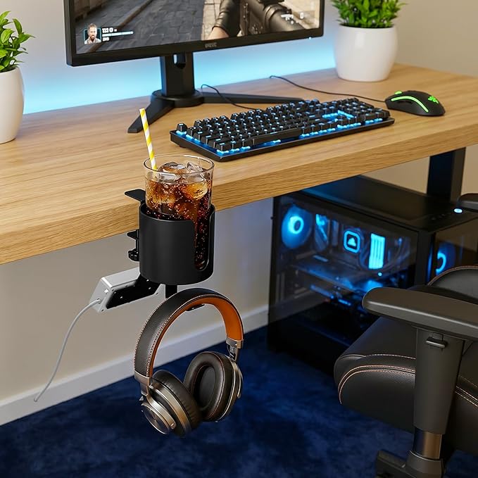 MYITYARD 3 in 1 Desk Cup Holder Clamp, Clip On Table Cup Holder with Headphone Hook & Power Strip Holder, Rotatable Water Bottle Drink Coffee Mug Organizer, Gaming Accessories for Home and Office