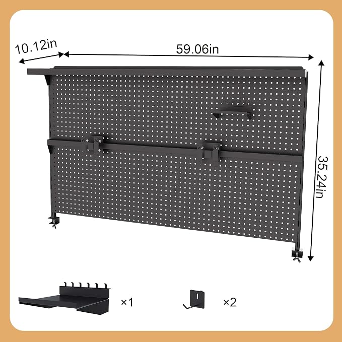 Metal Pegboard Desk Organizer with Dual Monitor Stand, 59x35 Inch Clamp-On Privacy Panel, Carbon Steel Gaming Desk Wall Organizer with 3 Accessories, Black Office Desk Storage System