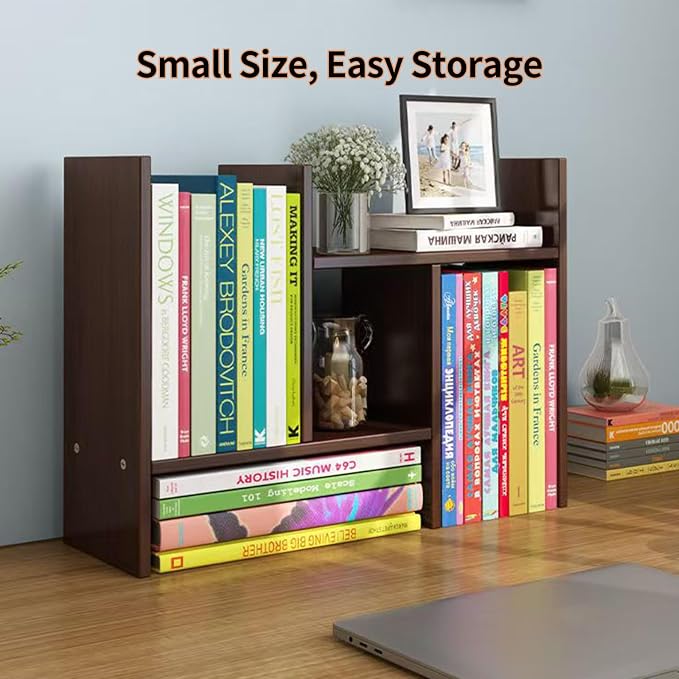 Desktop Shelf Organizer, Adjustable Wood Office Storage Rack, Counter Display Small Bookshelf for Home/Office/School(Dark Walnut)