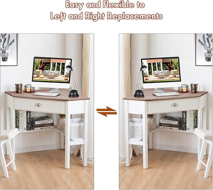 Tangkula Corner Desk, Corner Computer Desk with Drawer for Small Space, Small Corner Makeup Vanity Desk, 90 Degrees Triangle Corner Desk with Storage Shelves (Natural & White)