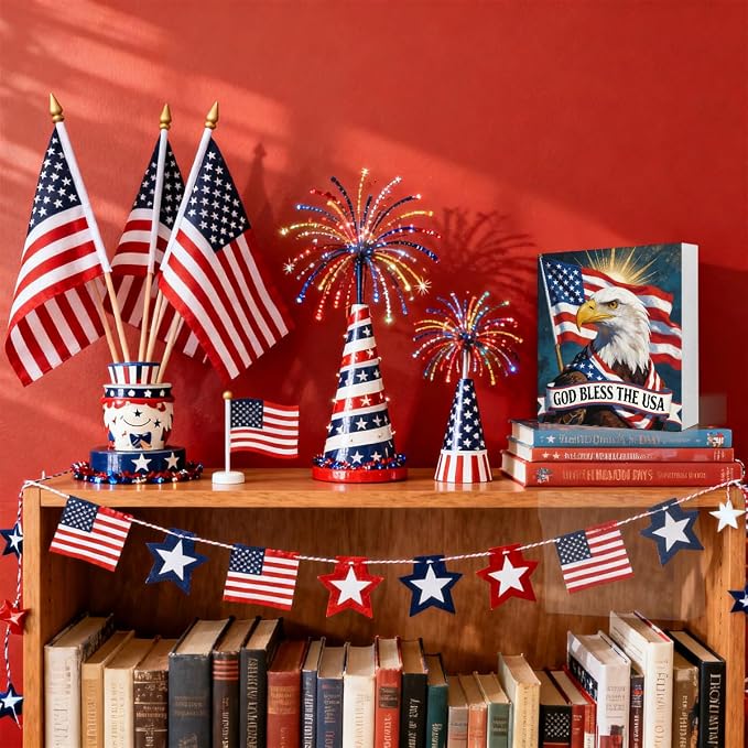 Patriotic Wooden Box Sign,God Bless The USA 4th Of July Signs Home Decor,Independence Memorial Day Block Sign for Desk Shelf Tabletop Decor
