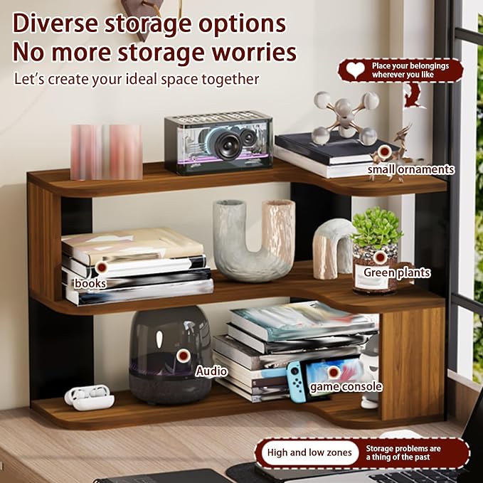Desktop Organizer Shelf, Multi-Tier Space Saving Bookshelf with Corner Storage Design, Wooden Desk Rack, Countertop for Home Office Dorm(Black,19.6 * 11.8 * 18in)