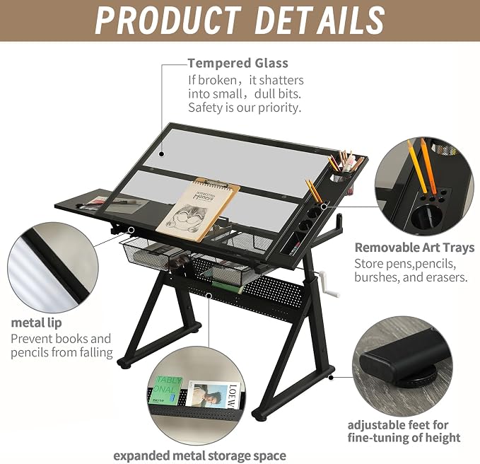 Hand Crank Adjustable Drafting Table with Tempered Glass Top, Height Adjustable Art Drawing Desk with Metal Drawers, Slide-Up Pencil Ledge & Stool, Drafting Desk for Home Studio Office