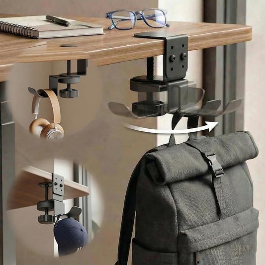 Headphone Stand Holder for Desk, Carbon Steel Under Desk Headphone Hanger, 360° Rotating Backpack Hook Clamp, Adjustable Height Gaming Accessories for Table Thickness up to 2.68 Inch, Black