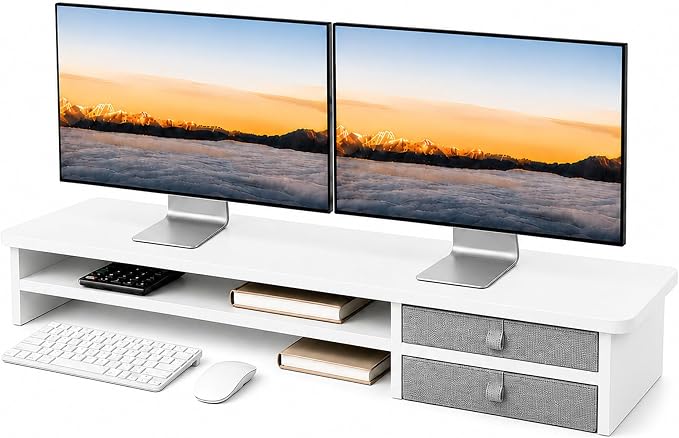 Dual Monitor Stand, 42.5 Inch Wood Monitor Riser with Drawers, 2 Tier Desktop Organizer for Computer Laptop TV, Large Screen Stand for Home Office Desk