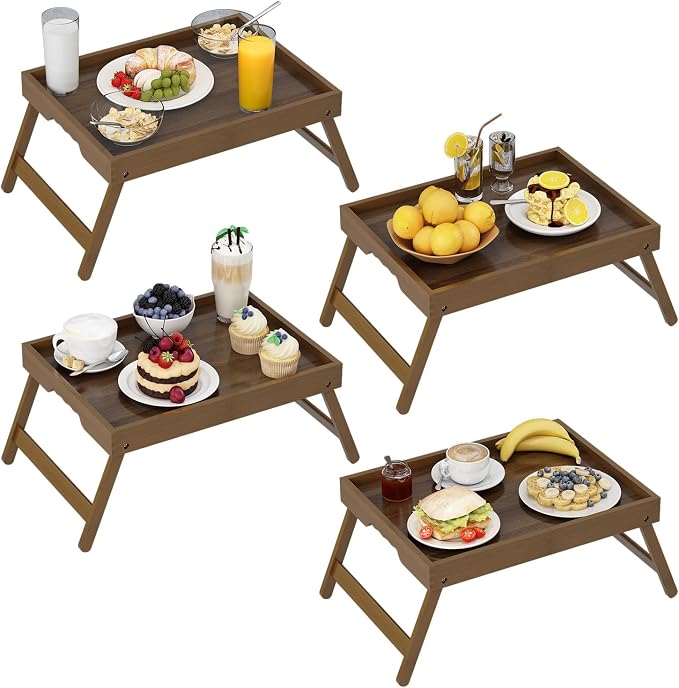Artmalle Bed Tray Table Folding Legs with Handles Groove Breakfast Food Tray for Sofa, Bed, Eating, Drawing, Platters Serving Lap Desk Snack Trays (Brown Medium) 4 Pack