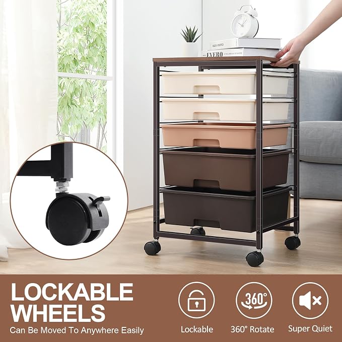 SYKIARIOL Utility Cart with 5 Drawers,Storage Drawer Cart with Wooden Tabletop and Lockable Wheels,Craft Storage Trolley Cart,5-Tier Rolling Utility Cart on Wheels,Dark Brown