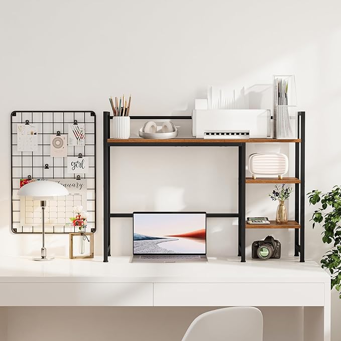 Snughome Desk Shelf, 38.6" Desktop Organizer Shelf, Desk Hutch for Computer Monitor, 4 Tier Desk Display Rack, Wood Desktop Bookshelf Storage Rack for Home Office Dorm, Rustic Brown | Desktop Organizer Shelf