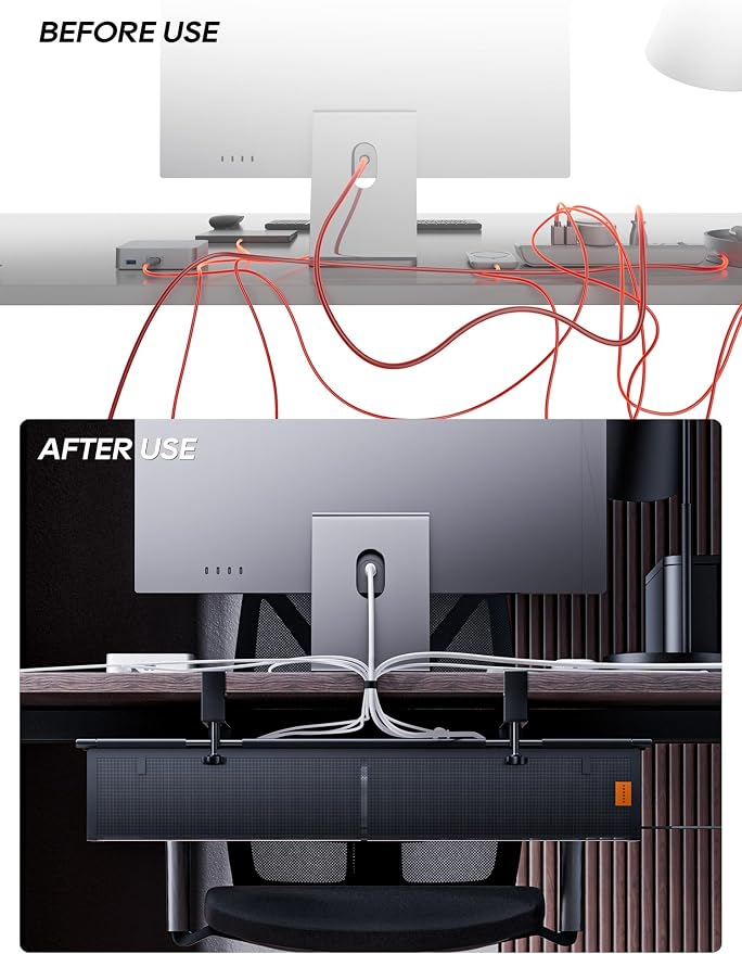 Under Desk Cable Management Tray No Drill, Cable Ties Included, Eco-Friendly Canvas Material, Mesh Design for Heat Dissipation, Cable Organizer/Storage for Standing Desk(27inch, Black)