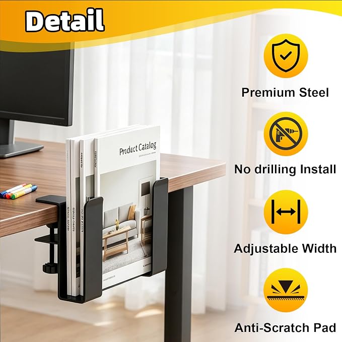 Adjustable Desk Side Laptop Mount, No Drill Clamp on Laptop Holder, Metal Hanging Notebooks Holder, Punch-Free Clamp for MacBook Pro, Documents with Anti-Scratch Silicone