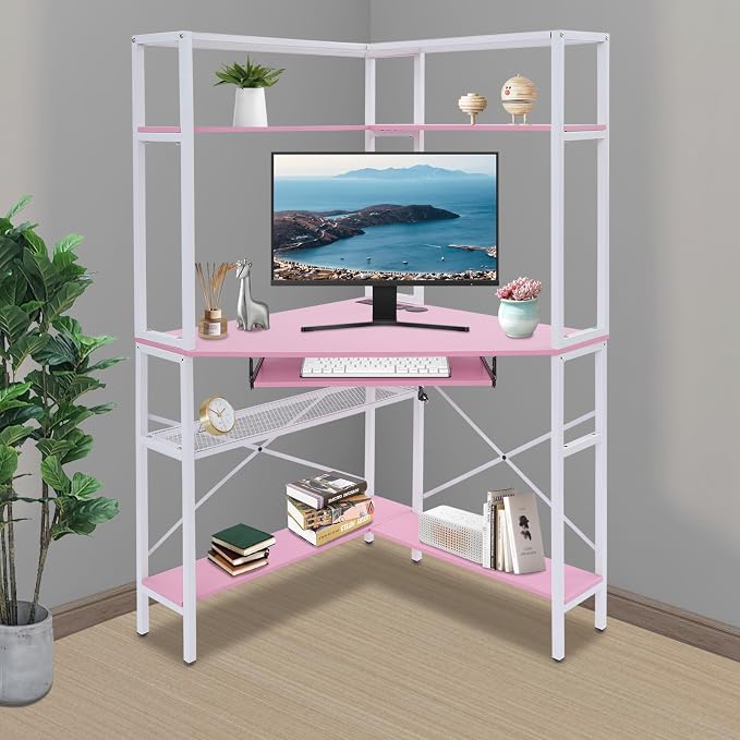 Corner Desk with Hutch, 90 Degrees Triangle Computer Desk w/Keyboard Tray & Bookshelves for Small Space Space Saving Writing Desk w/Storage Shelves for Bedroom Apartment (Pink)
