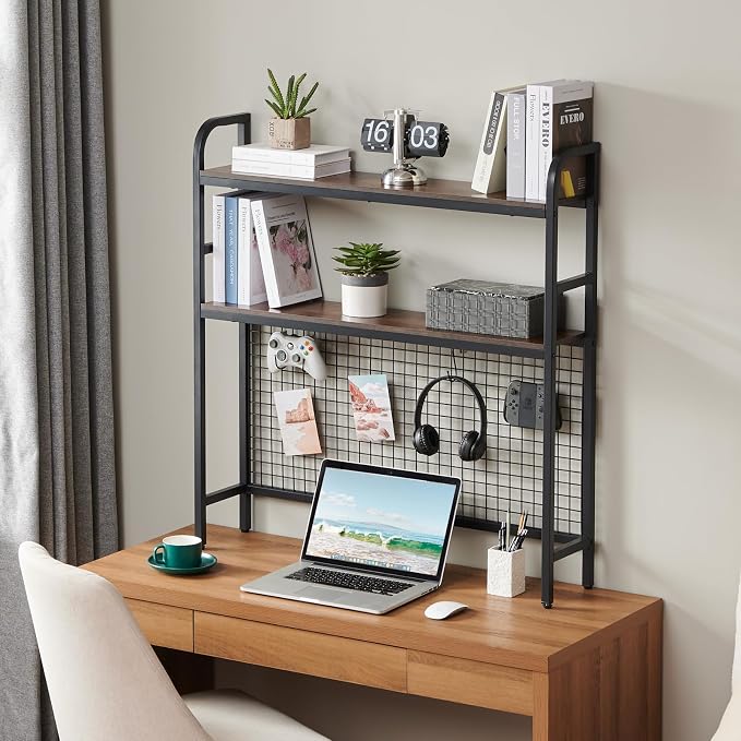 Desktop Hutch Shelf Organizer, 2-Tier Metal & MDF Desk Bookshelf with Grid Panel and Hooks for Office & Dorm (Rustic Brown, 36.8")