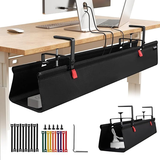 48" Under Desk Cable Management Tray, No Drill Desk Cable Management Wire Standing Desk Cord Organizer Clamp/Screw Mount, Cord Management Tray Black Fabric Desk Organizer for Home Office
