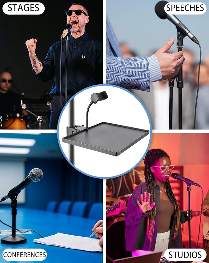 BILIONE Mic Stand Tray with Gooseneck Phone Holder, 10.6" X 7.8" Microphone Stand Tray Crab Clamp On Music Stand Floor Shelf Pole Mount, Karaoke Accessories